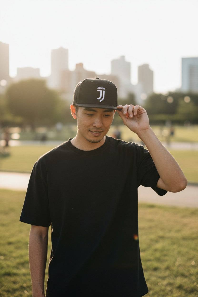 Man wearing black Fan Ink officially licensed Juventus snapback hat with flat bill and embroidered team logo outdoors