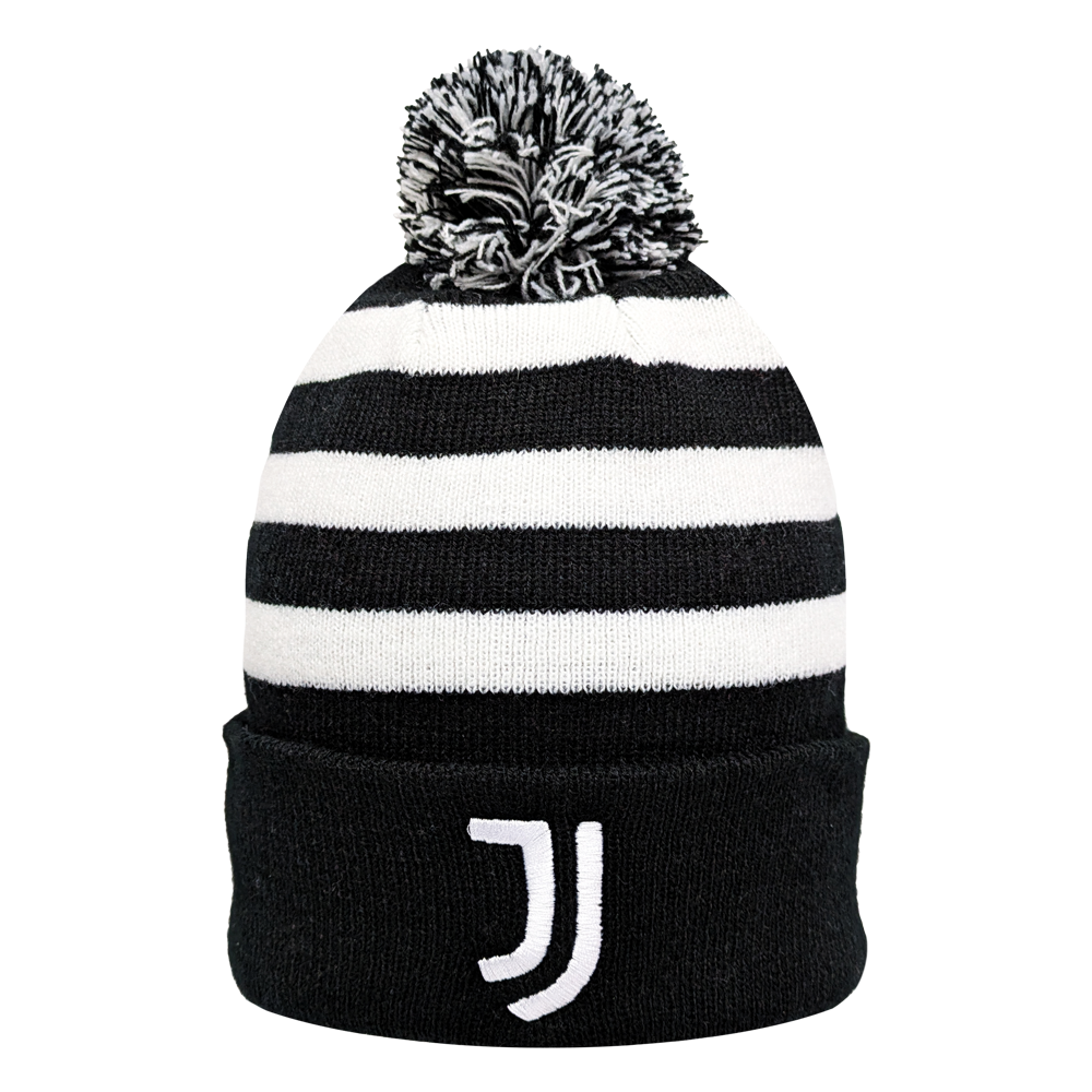 Fan Ink Officially Licensed International Soccer Knit Cap black and white striped winter hat with Juventus club crest and pom pom