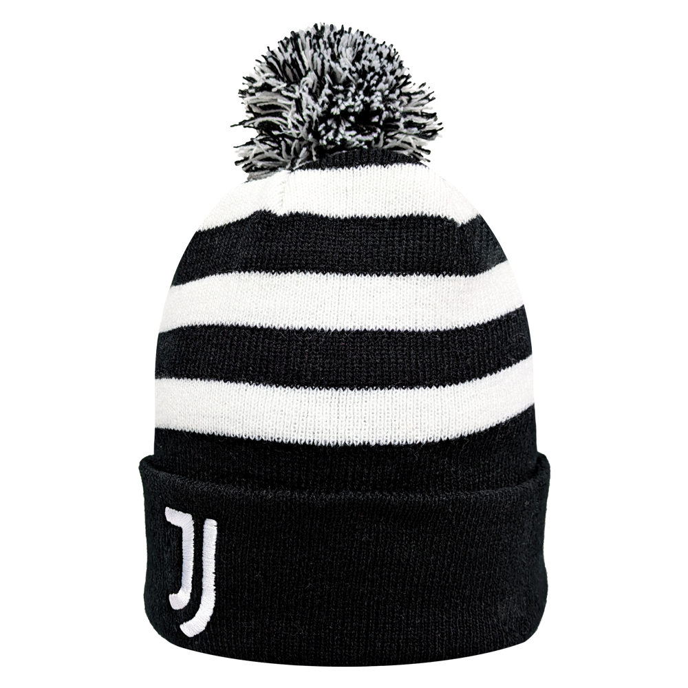 Fan Ink officially licensed Juventus soccer knit cap with black and white stripes and pom-pom