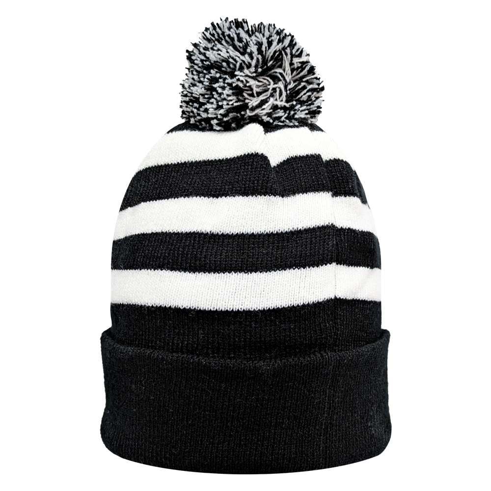 Fan Ink officially licensed international soccer knit cap with black and white stripes and pom-pom, made of soft acrylic yarn for warmth and comfort.