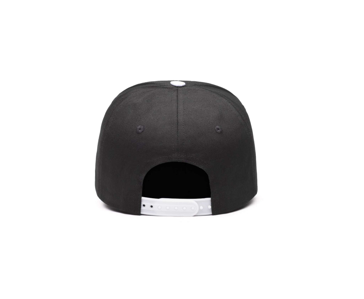 Juventus Two-Tone Adjustable Cap in black fabric, shown from the back with a white snap closure and top button.