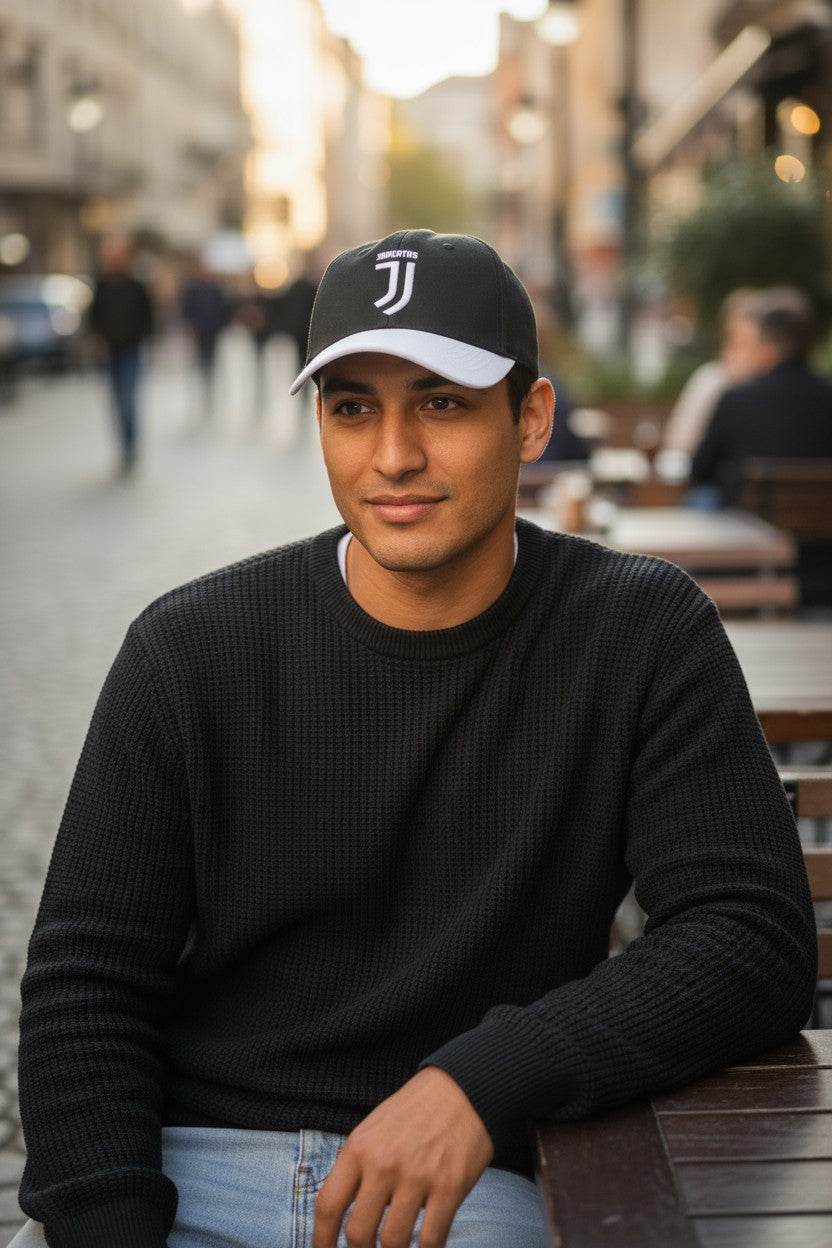 Man wearing Fan Ink officially licensed 2-tone adjustable Juventus soccer hat in urban setting