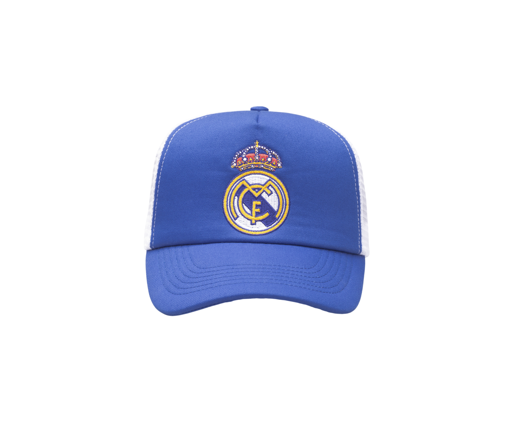 Blue and white mesh trucker hat with embroidered sports team logo and snapback closure