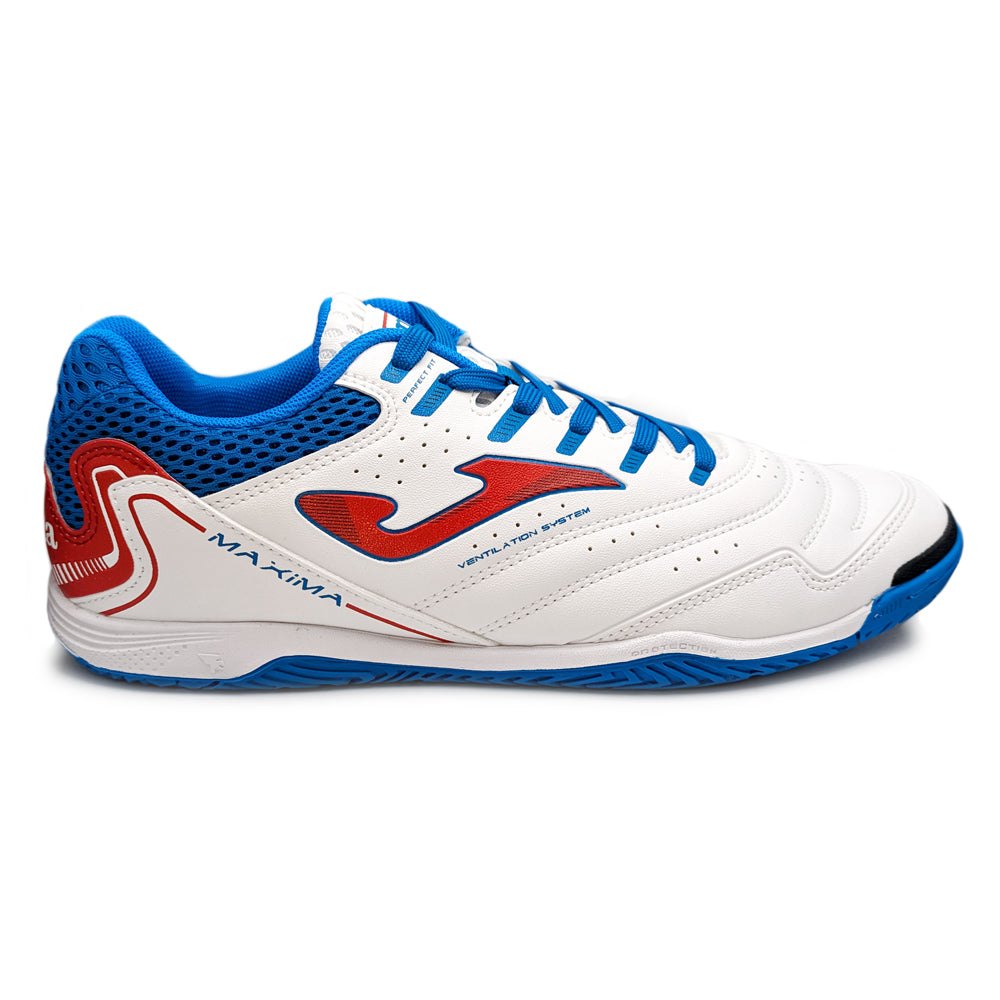 Joma Maxima Adult Indoor Soccer Shoes - Exclusive Edition in white and blue, side view.