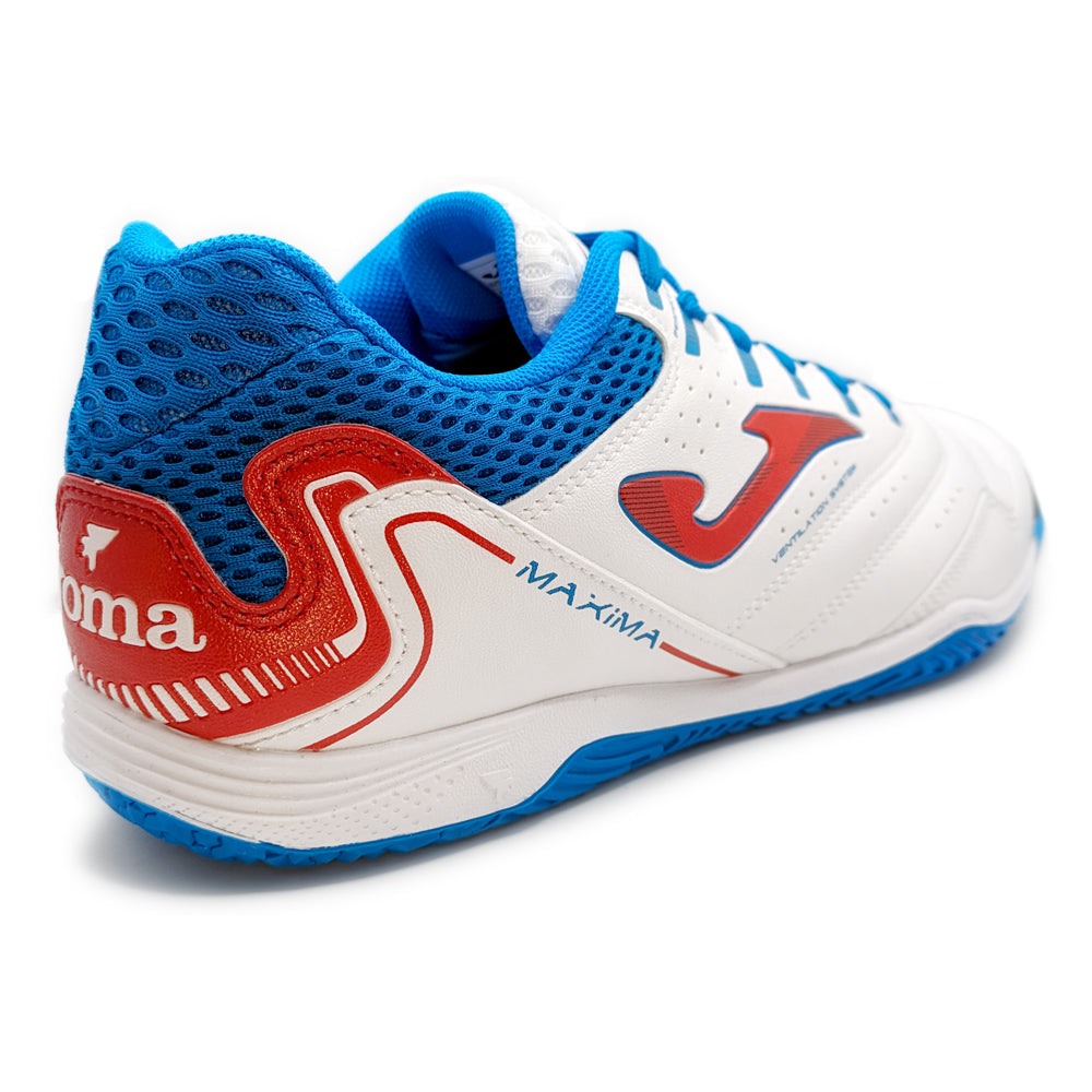 Joma Maxima Adult Indoor Soccer Shoes - Red, blue, and white design for indoor futsal.