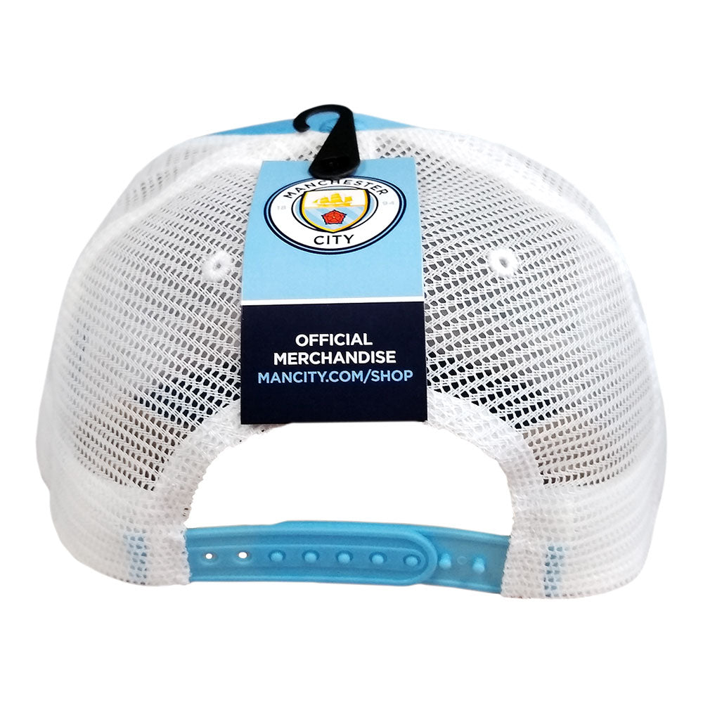 Manchester City Trucker Hat in sky blue and white, with a breathable mesh back and adjustable snapback closure.