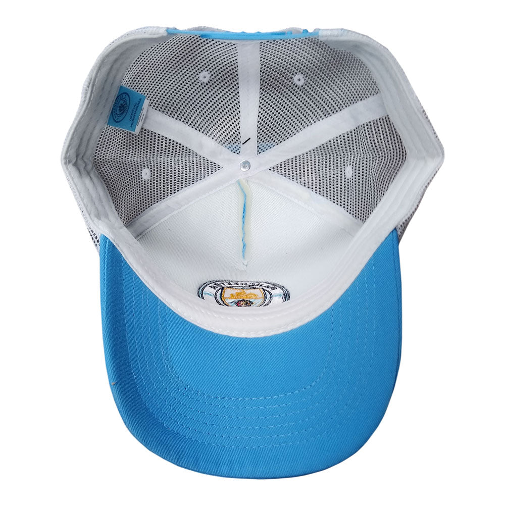 Manchester City Trucker Hat with a sky-blue curved brim, white mesh panels and the club crest embroidered inside.