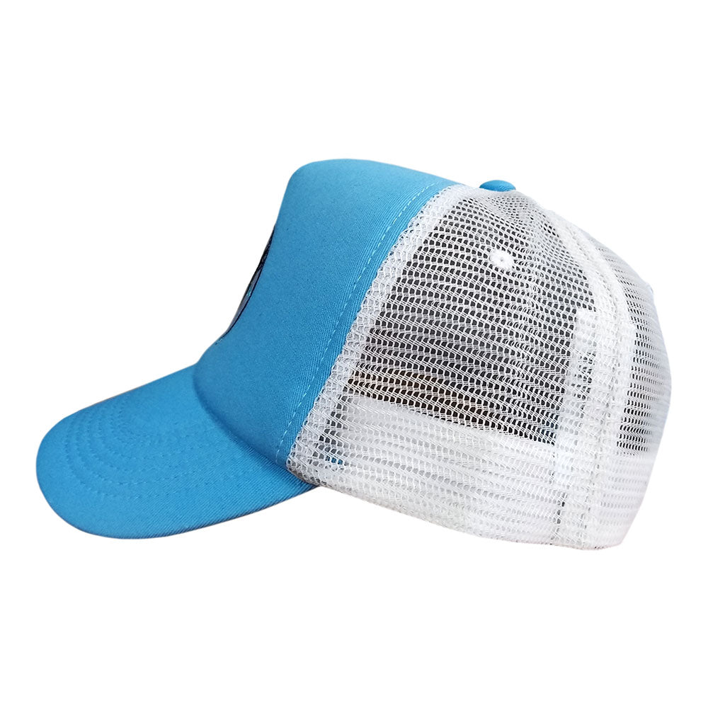 Manchester City Trucker Hat with a sky blue solid front, curved brim, and white breathable mesh back.