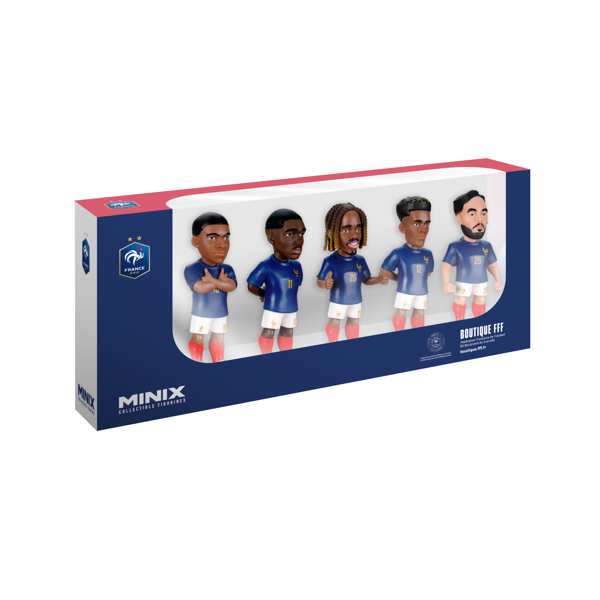 Minix France 5-Pack collectible figurines featuring Mbappé, Dembélé, Barcola, Doué, and Cherki in official kits