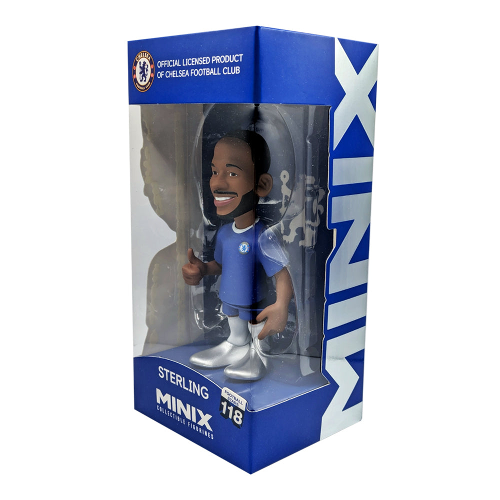 Minix Raheem Sterling Chelsea figurine in a blue football kit, with white boots and a clear-front blue display box.