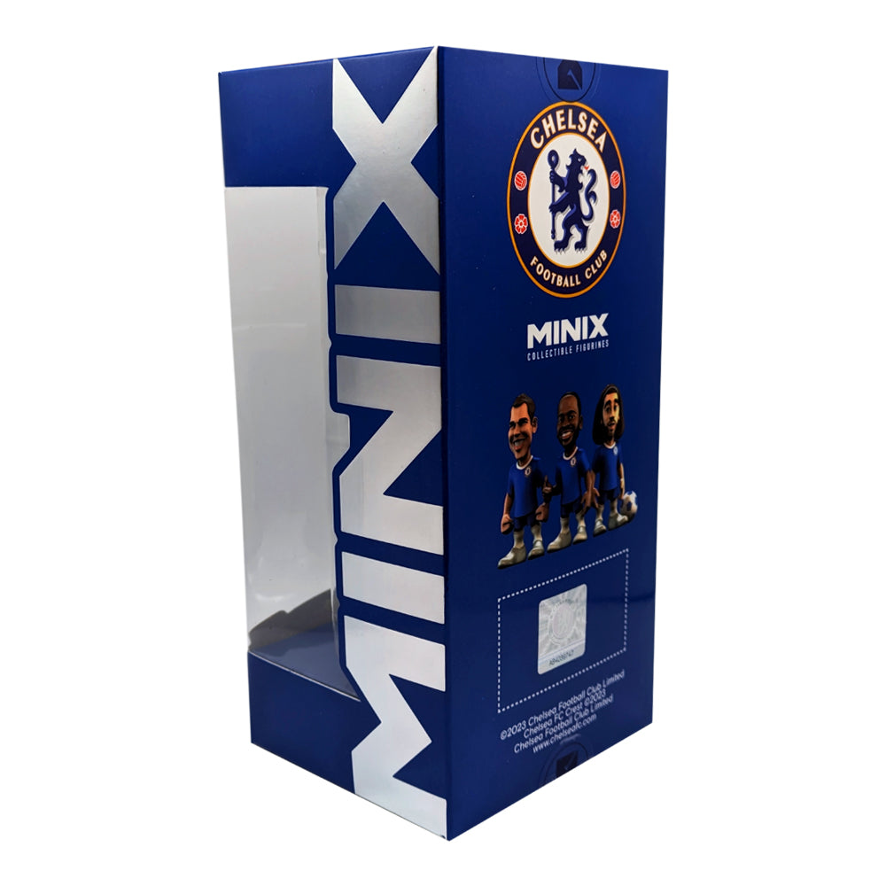 Minix Raheem Sterling Chelsea collectible figurine in a blue window box with Chelsea crest and three-player artwork.