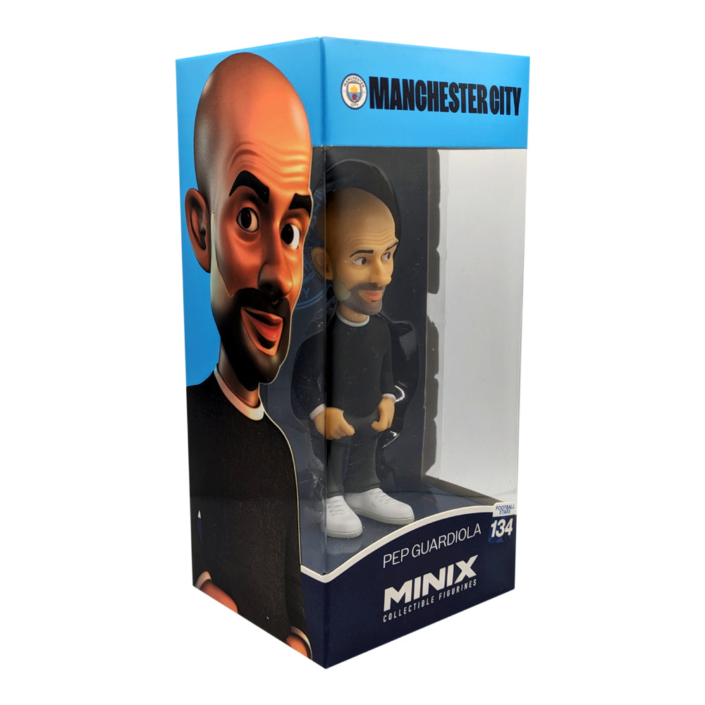 Minix Pep Guardiola Manchester City collectible figure in a clear display box, with blue team branding and black outfit.