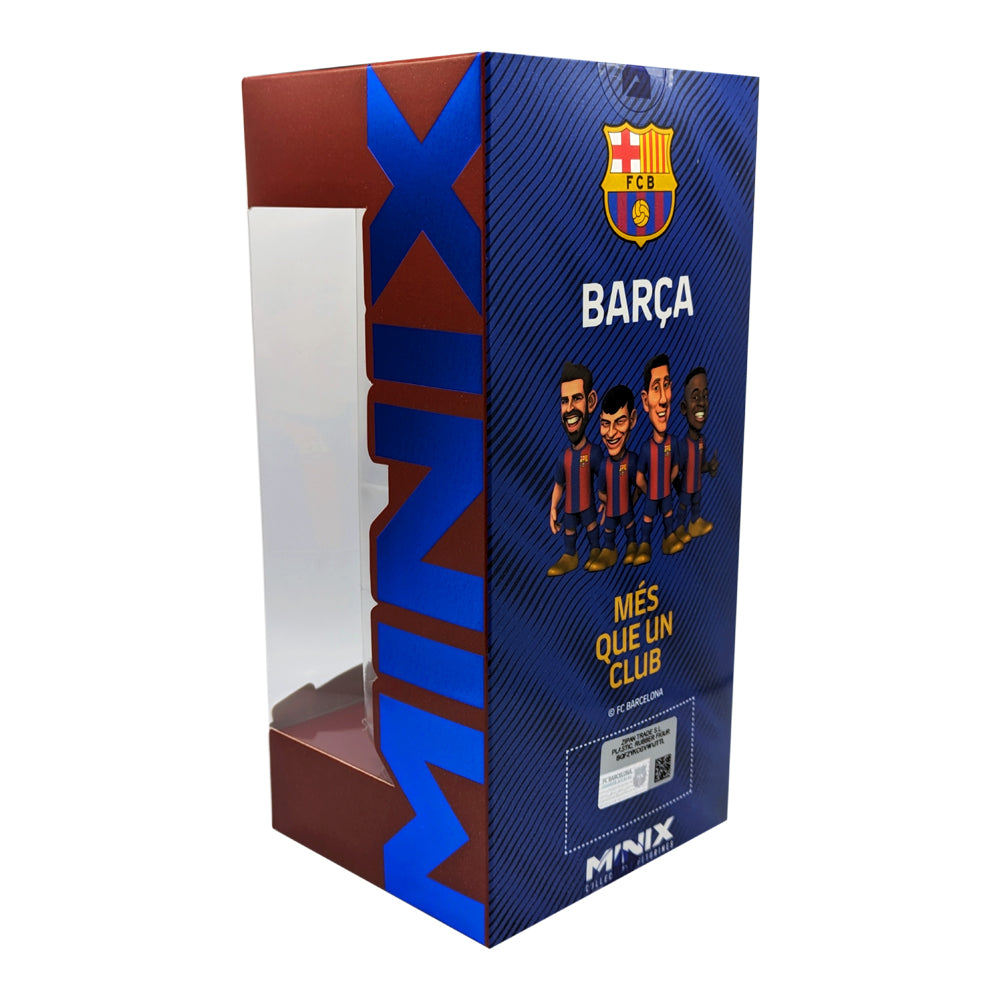 Minix Robert Lewandowski FC Barcelona figurine in a blue-and-red striped box featuring Barça graphics and crest.