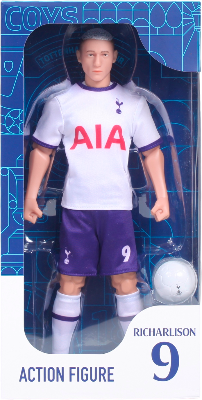 Sockers Officially Licensed Soccer Hero's 30cm tall Richarlison action figure in Tottenham Hotspur kit with soccer ball accessory.