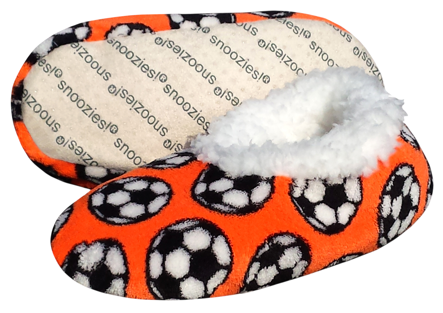 Orange soccer-themed sport slippers with plush white interior and non-slip sole by Snoozies