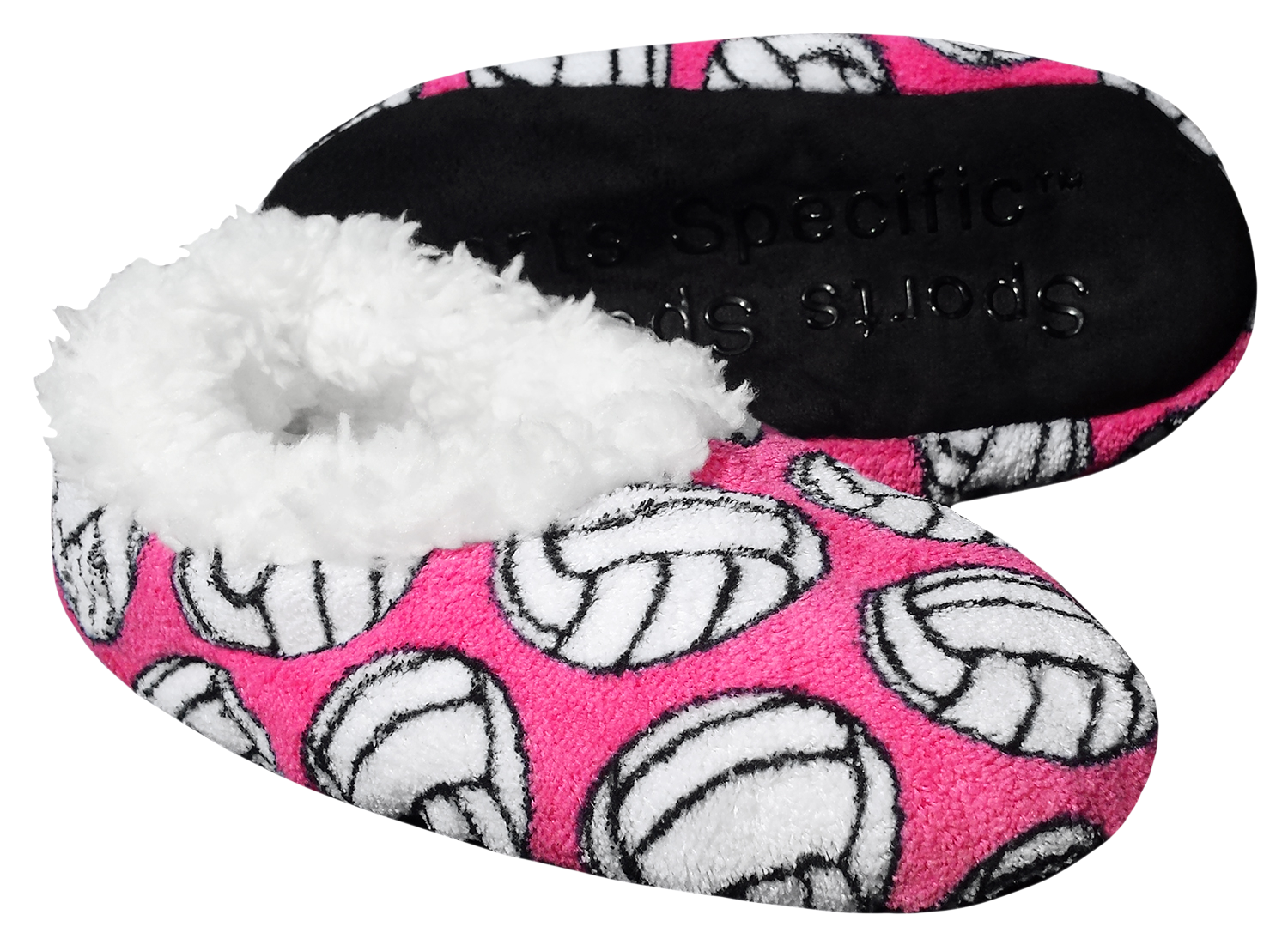 Volleyball-themed sport slippers with plush interior and non-slip sole in pink and white design