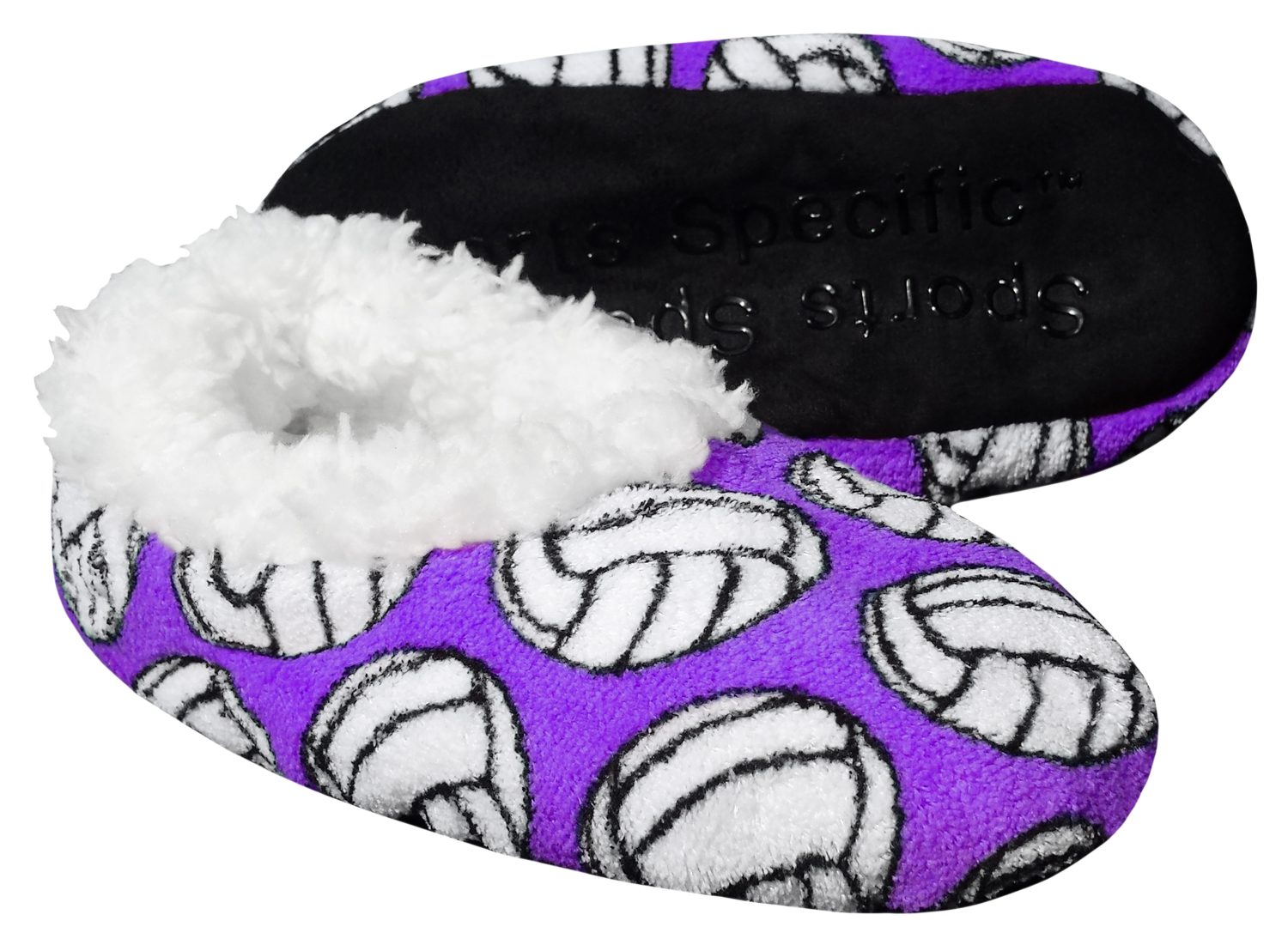 Purple volleyball-themed sport slippers with plush white lining and non-slip black sole