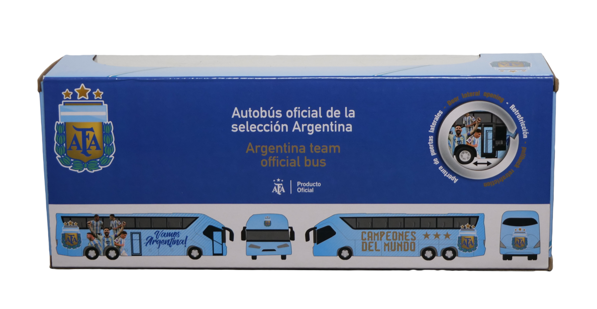 Argentina AFA Mini Team Bus collectible in a blue-and-white box featuring Argentina football graphics and bus illustrations