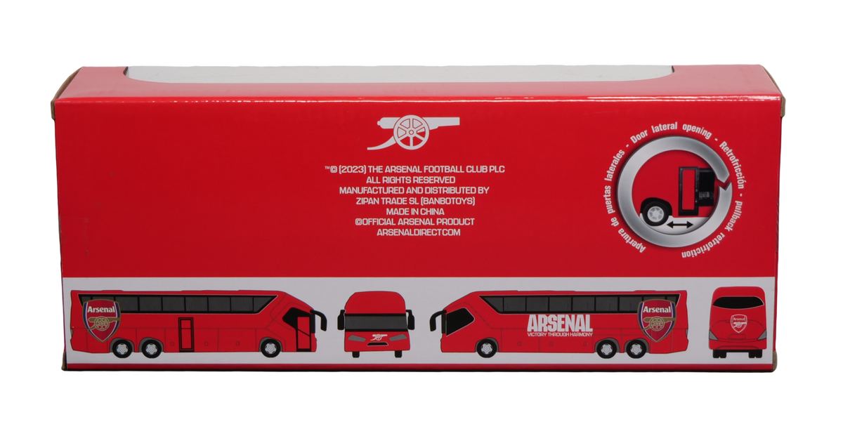 Arsenal Mini Team Bus collectible in a red cardboard box, with Arsenal-branded red team bus illustrations and club crest