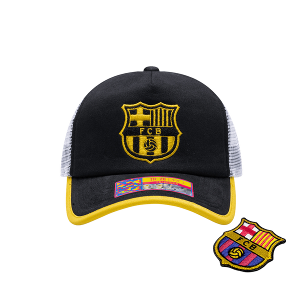 Barcelona Cap in black cotton with white mesh panels, yellow-edged brim and embroidered FC Barcelona crest, with a removable patch