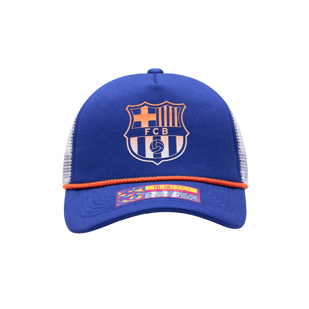 Barcelona Cap in royal blue fabric with white mesh sides, orange piping, and a large FC Barcelona crest on the front