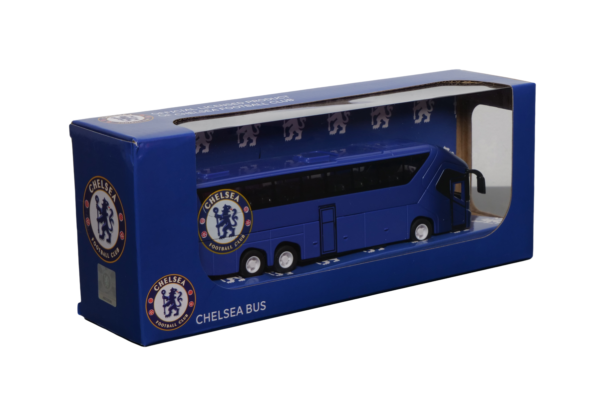 Chelsea Mini Team Bus, a deep blue miniature double-decker coach with Chelsea crests, shown in a branded display box