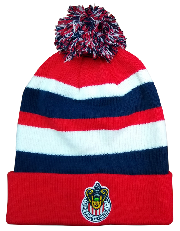 Chivas Pom-Pom Beanie in red, white and navy striped knit, with a multicolour pom-pom and embroidered crest patch