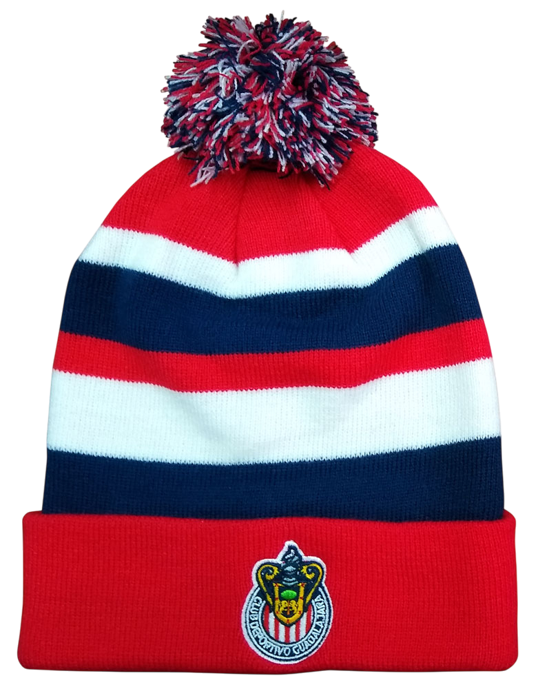 Chivas Pom-Pom Beanie in red, white and navy striped knit, with a multicolour pom-pom and embroidered crest patch