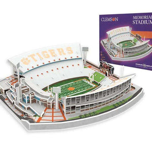 Clemson Tigers Memorial Stadium 3D Puzzle with a green football field, white seating, orange accents and purple packaging