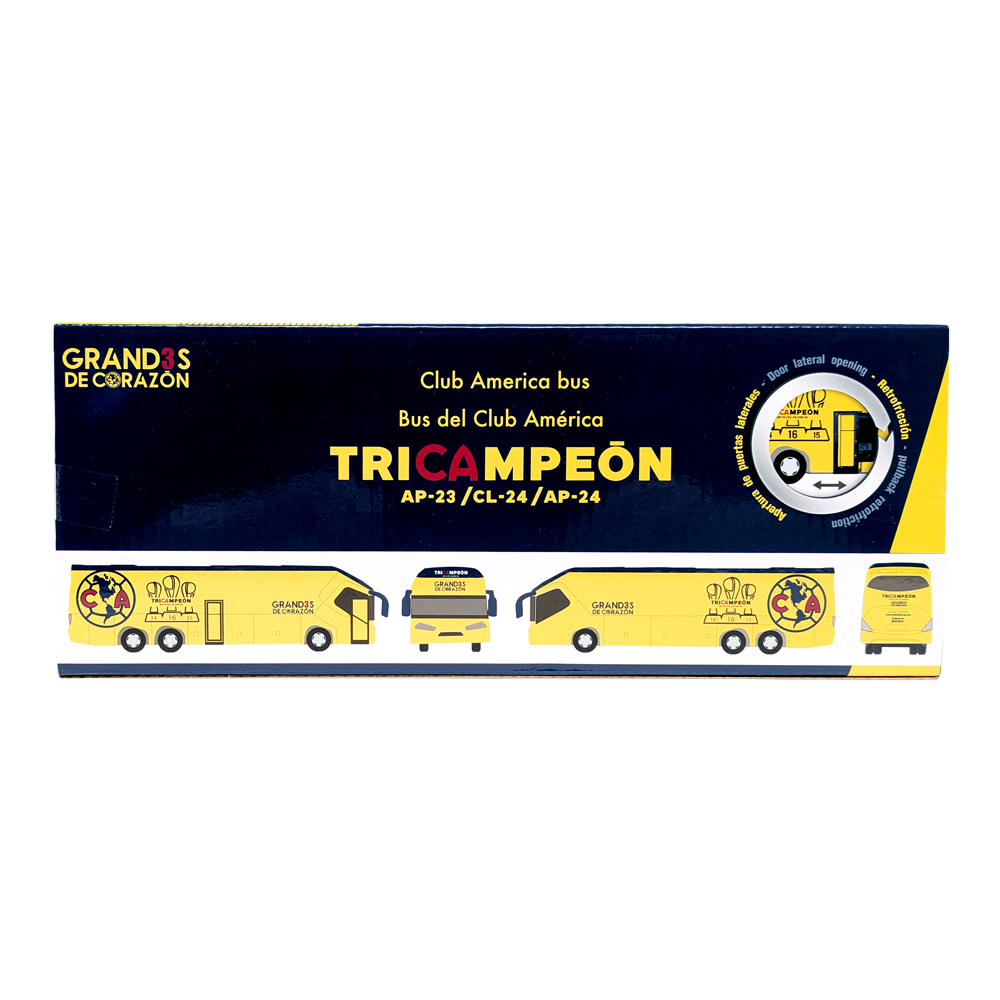 Club América Mini Team Bus packaging showing a yellow and navy miniature coach with championship graphics and team branding