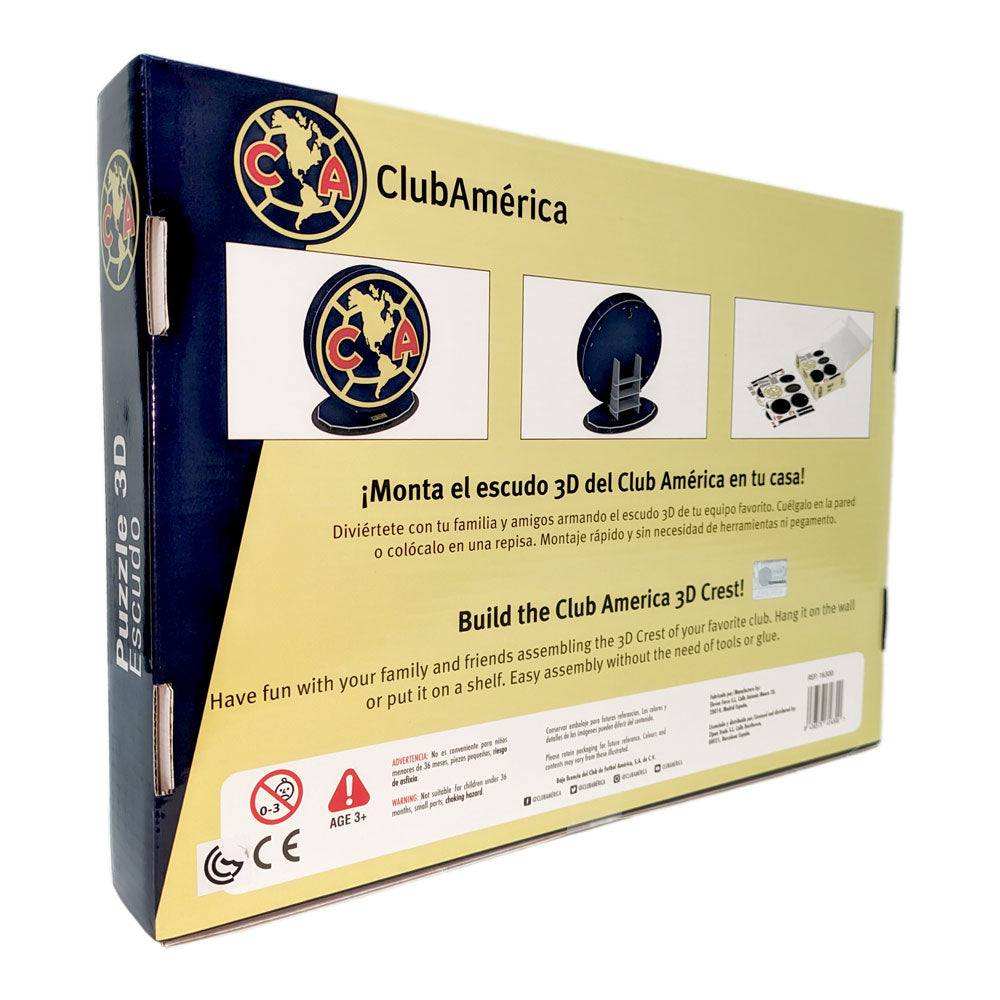Club America 3D Puzzle in yellow and navy packaging, featuring crest images and a display stand for the assembled emblem