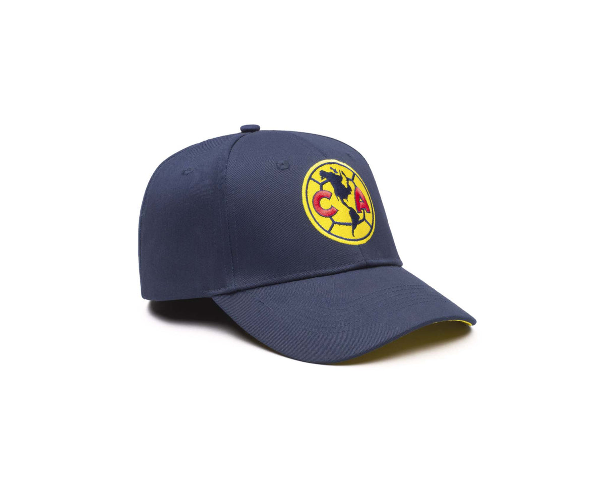 Club America Adjustable Cap in navy blue fabric with a curved bill and bright yellow embroidered circular crest