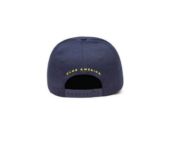 Club America Adjustable Cap in navy polyester twill, shown from the back with yellow lettering and an adjustable snap strap.