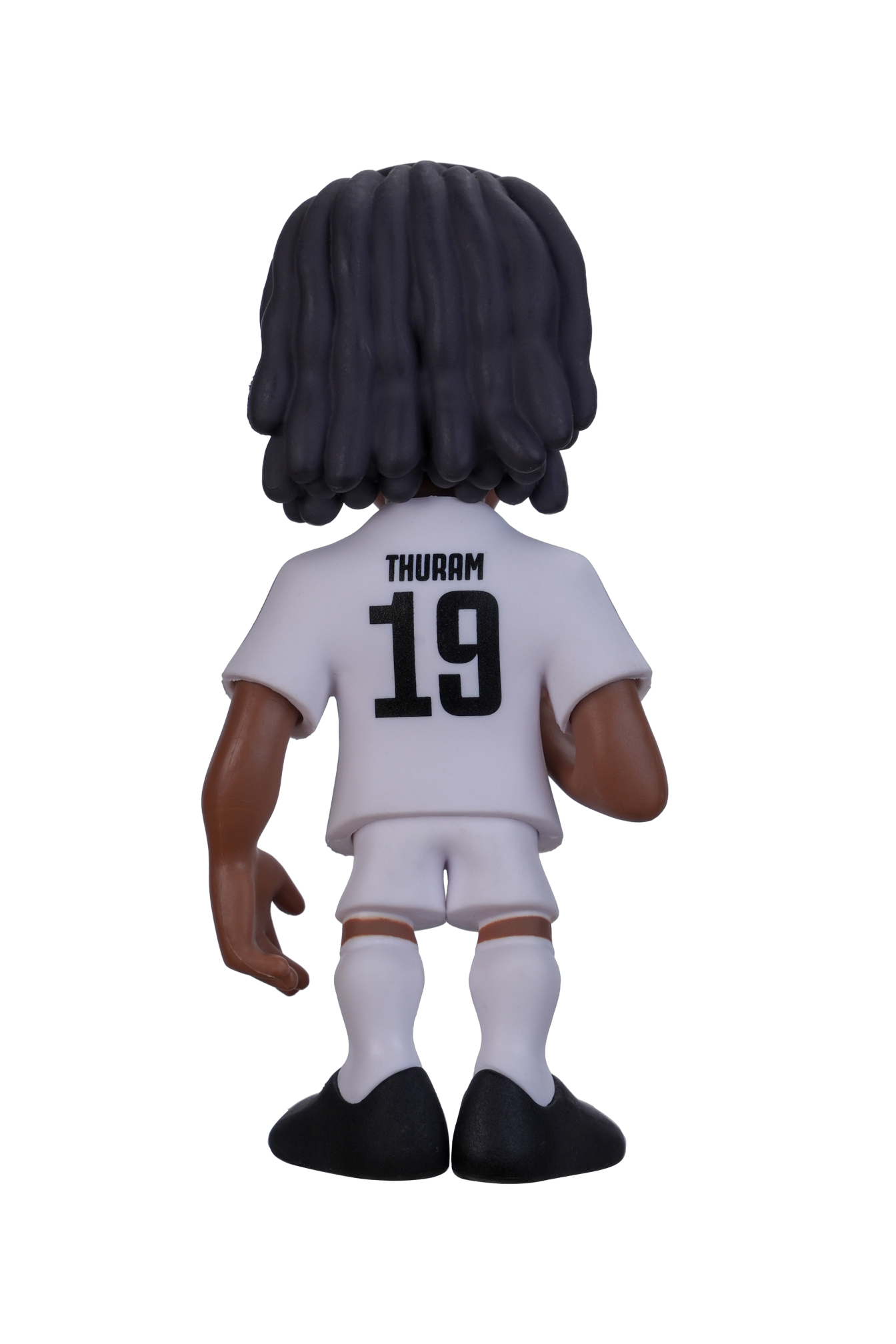 Back view of Juventus FC Minix 12cm collectible football figurine wearing white club kit with number 19 and Thuram name