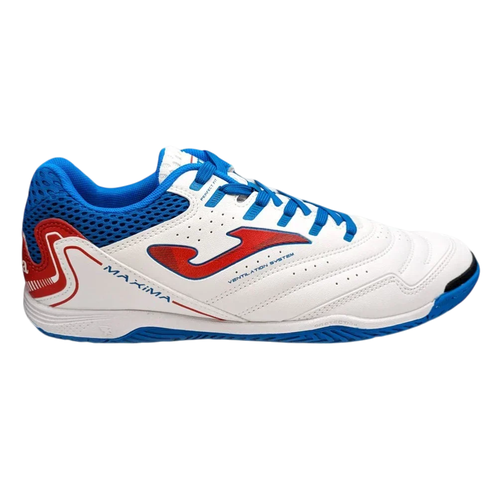 Joma Maxima indoor soccer shoe with a white synthetic upper, blue laces and sole, and red and blue side graphics