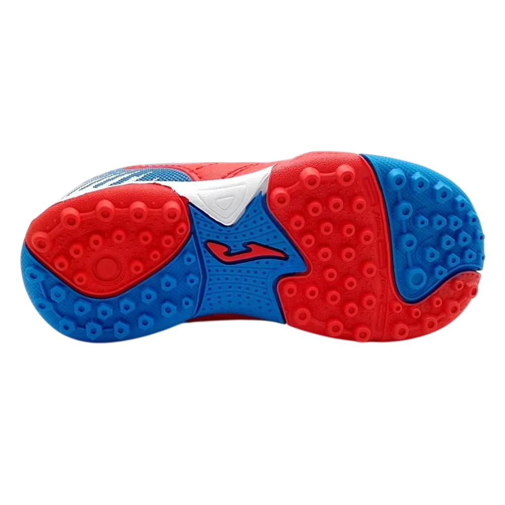 Joma Toledo turf soccer shoe sole in blue and red rubber, with circular and hexagonal traction studs