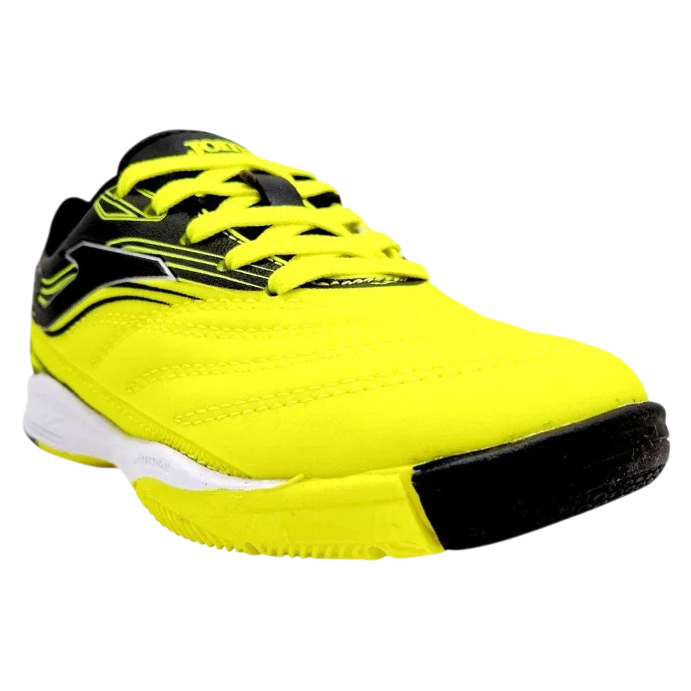 Joma Toledo junior indoor soccer shoe in neon yellow synthetic material with black accents, matching laces and a flat rubber outsole