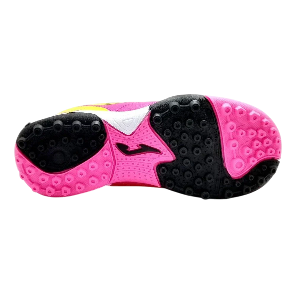 Joma Toledo turf soccer shoe sole in bright pink and black with rubber traction studs and a central logo