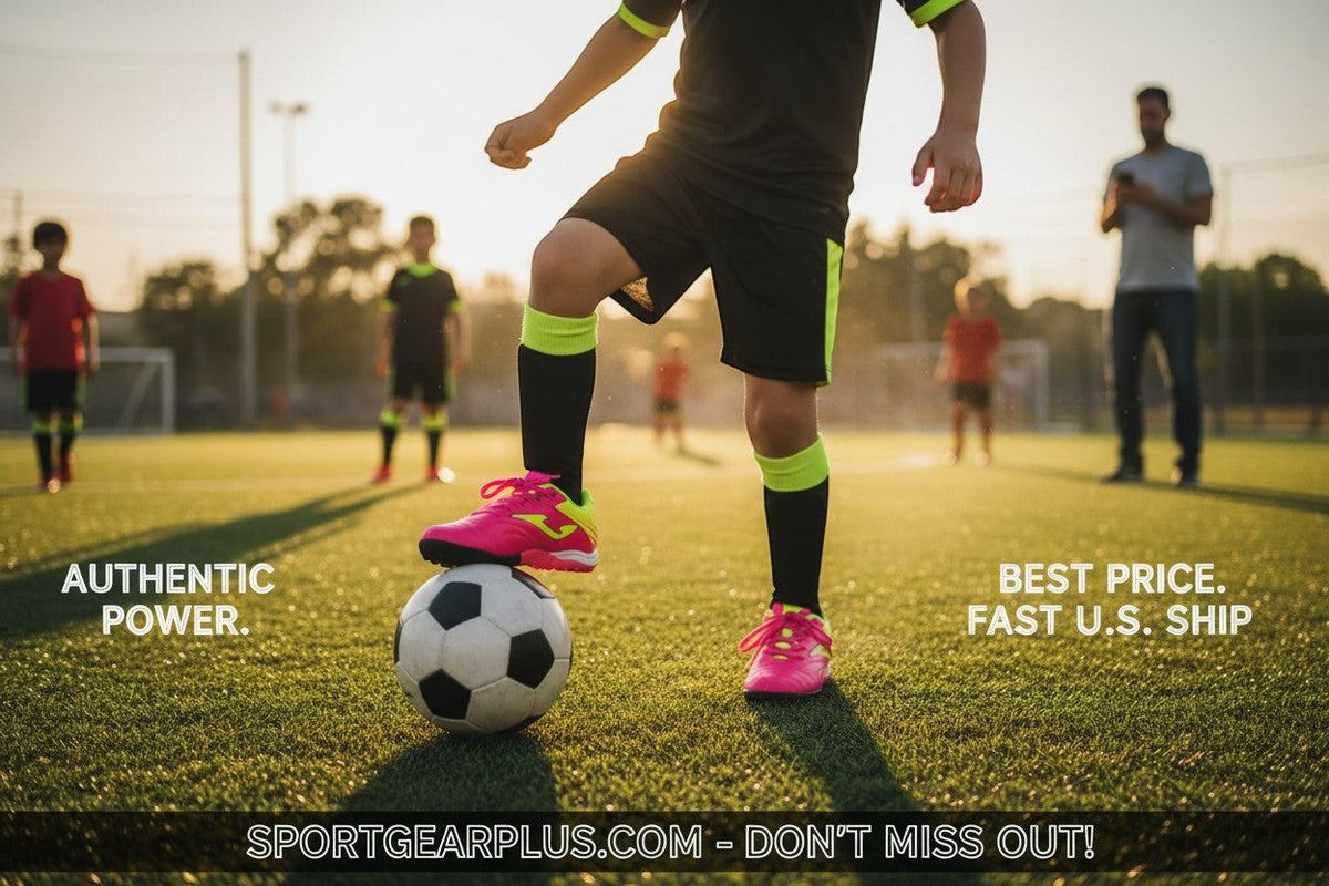 Joma Toledo turf soccer shoes in bright pink with neon yellow accents and black details, worn by a young player