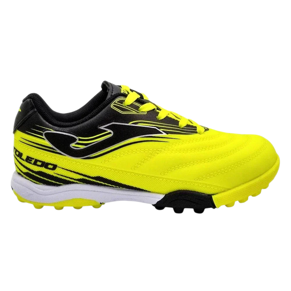 Joma Toledo turf soccer shoe in fluorescent yellow and black synthetic material, with graphic side detailing and rubber studs