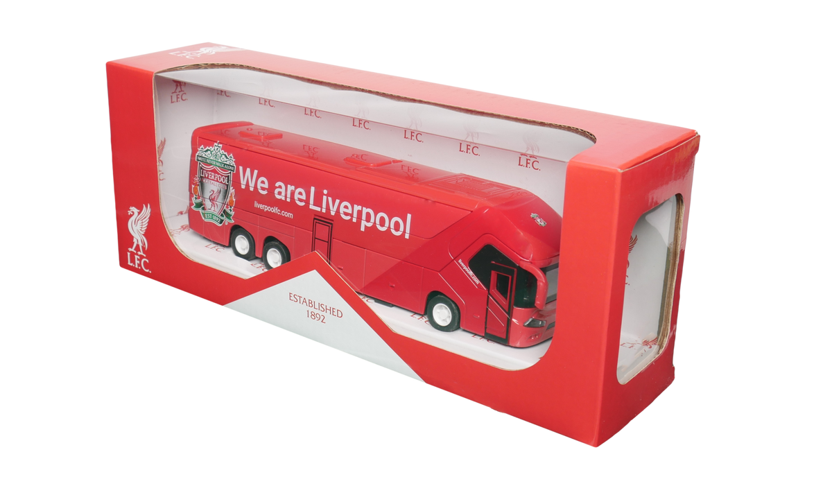 Liverpool Mini Team Bus miniature red coach with white lettering, Liverpool crest and black windows in display packaging
