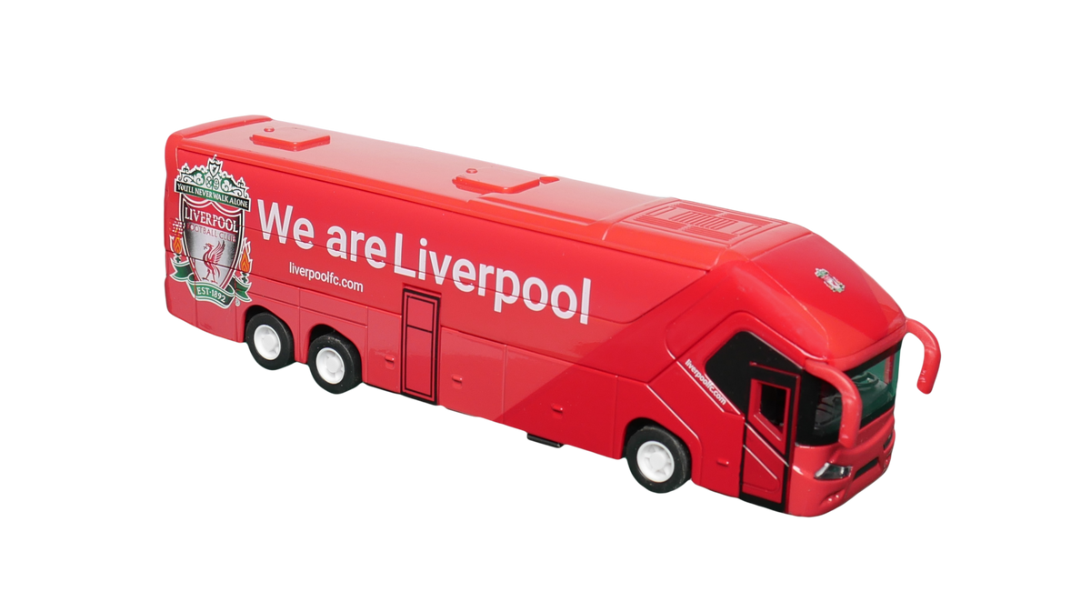 Liverpool Mini Team Bus, a red miniature coach with Liverpool crest, white lettering, black windows and silver wheels