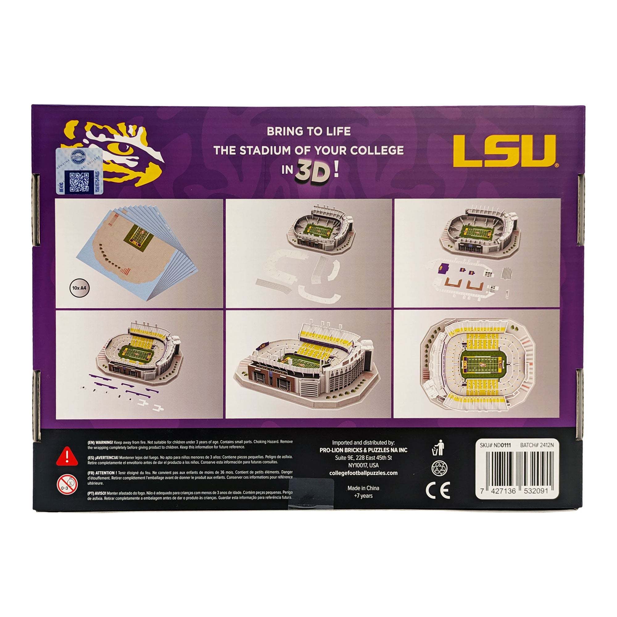 LSU Tiger Stadium 3D replica puzzle model in purple and gold colors, official college football stadium display piece