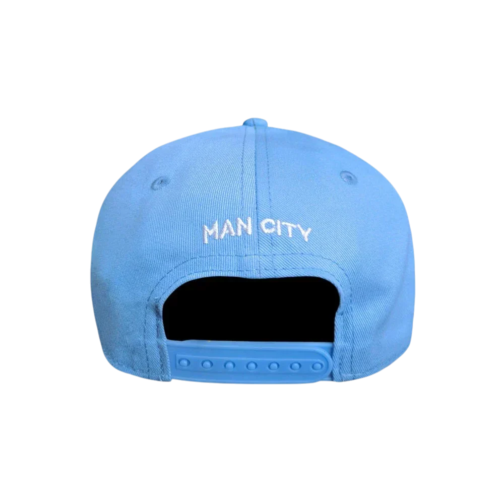 Manchester City Adjustable Cap in sky blue fabric, showing white MAN CITY embroidery and a blue snapback strap