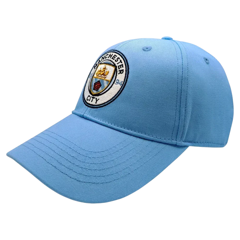 Manchester City Adjustable Cap in sky blue fabric with an embroidered circular club crest and curved brim