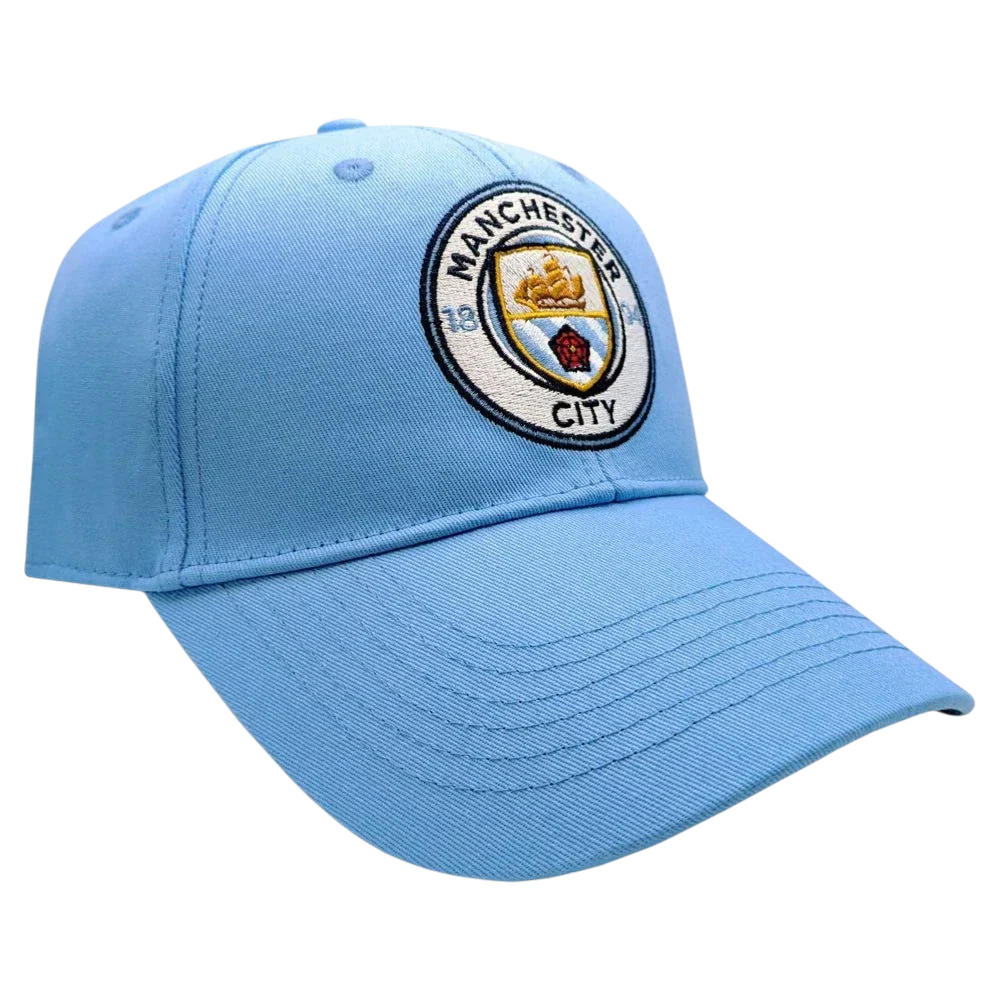 Manchester City Adjustable Cap in sky-blue polyester twill with embroidered club crest and curved bill