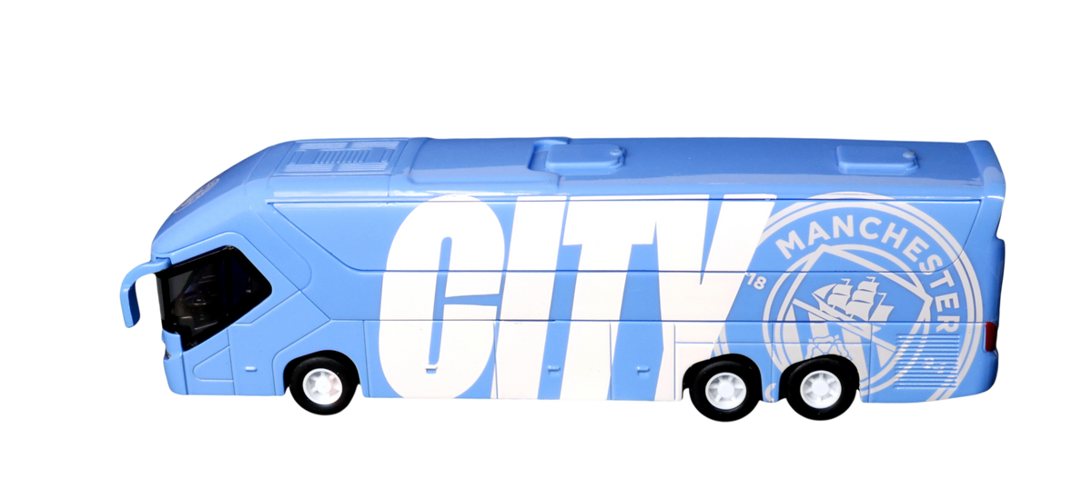 Manchester City Mini Team Bus, blue miniature coach with oversized white lettering, team crest and black wheels