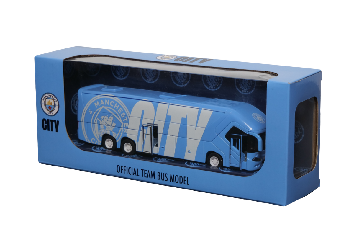 Manchester City Mini Team Bus, a blue plastic coach with club crest and lettering, displayed in its branded box.