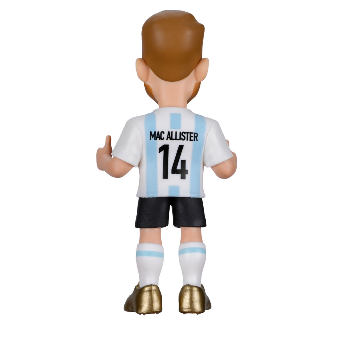Minix Alexis Mac Allister figurine seen from behind in Argentina’s white and sky-blue striped number 14 kit, black shorts and gold boots