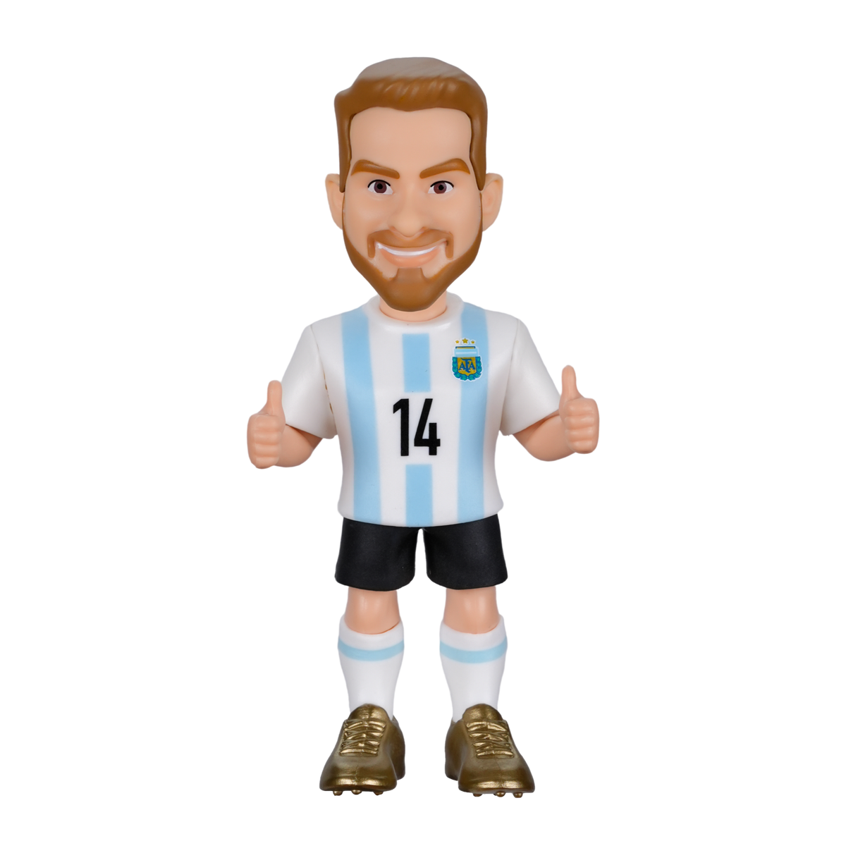 Minix Alexis Mac Allister figurine in Argentina's white and sky-blue striped number 14 kit, with black shorts and gold boots